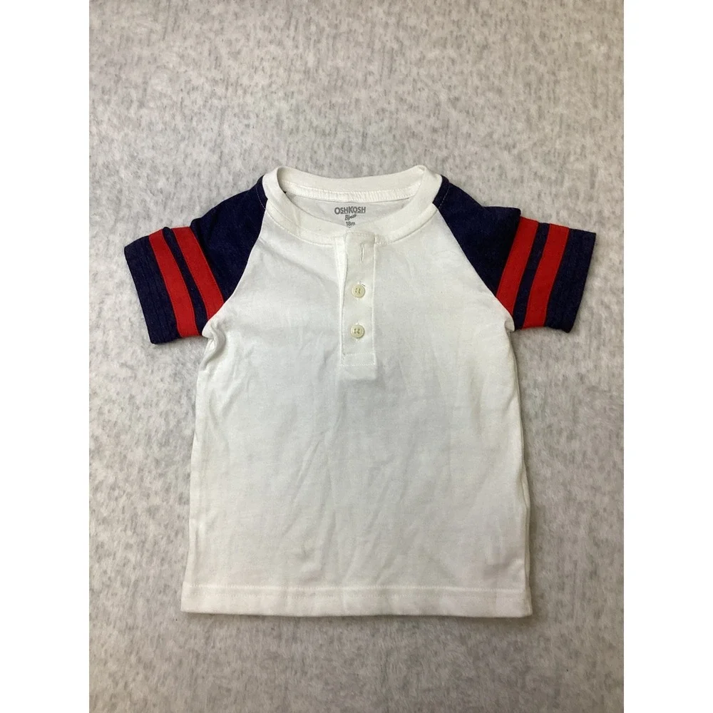 OshKosh Bgosh Kids 18M White Navy Red Raglan‎ Stripe Henley Short Sleeve Shirt